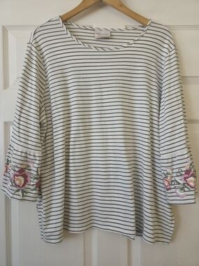 Alfred Dunner Cream and Black Striped Top with Floral Sleeve Embroidery